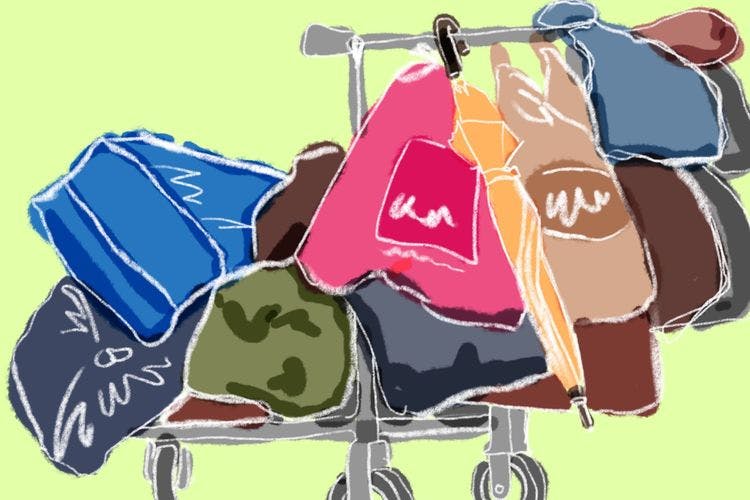 Illustration eines Einkaufswagens, vollbehangen mit Tüten und Taschen