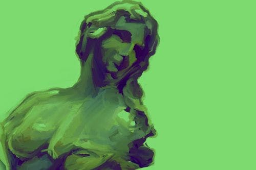 Illustration einer Statue auf grünem Grund