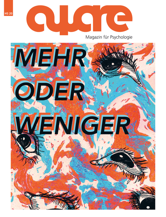 Cover der Ausgabe HS 20 (Mehrere Augen wabern in einem Dunst aus Farben. Mit Großbuchstaben steht die Überschrift auf dem Cover: "Mehr oder Weniger".)