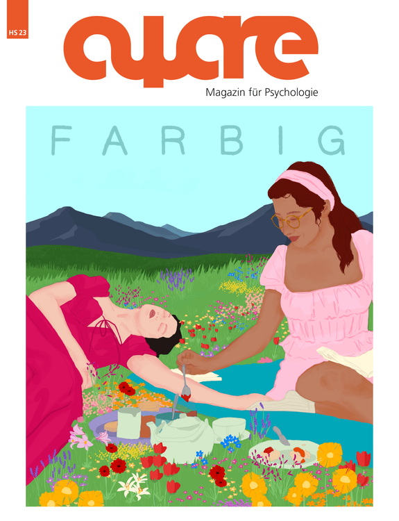 Cover der Ausgabe HS 23 (zwei Frauen sitzen auf einer grünen Blumenwiese und picknicken. Berge sind im Hintergrund zu sehen. Im Himmel steht das Wort "Farbig".)